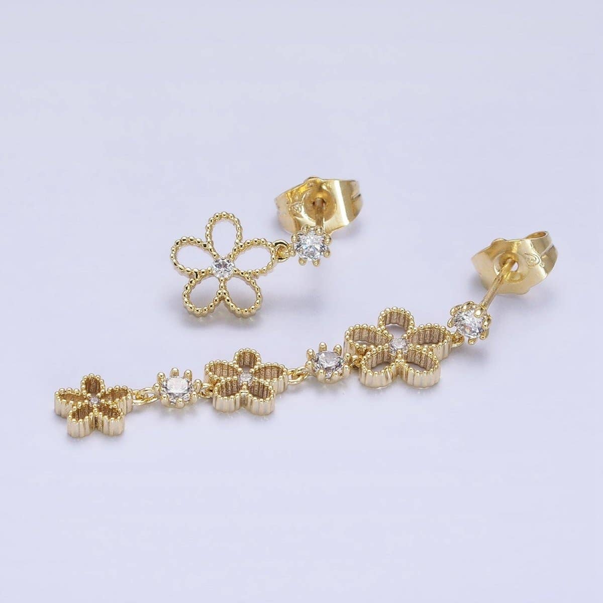Aim Eternal - Wholesale Jewellery set - 14K Gold Filled Beaded Flower Clear CZ Linear Drop Stud Earrings Set | AD14670