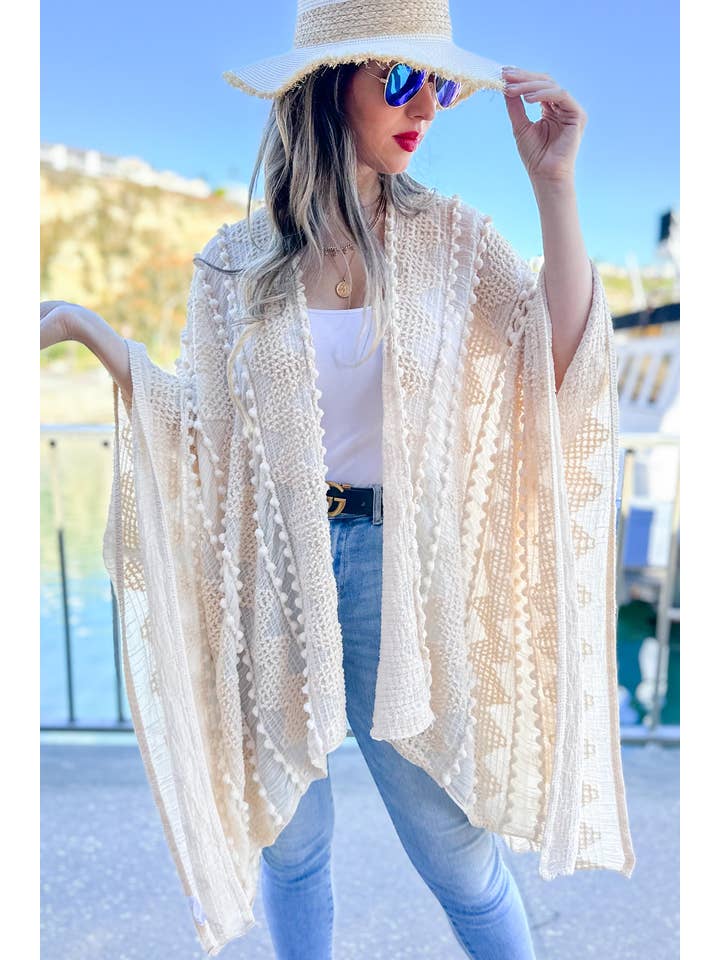 Ivory 3D Textured Open Front Soft Kimono Cover Up for wholesale on Faire2