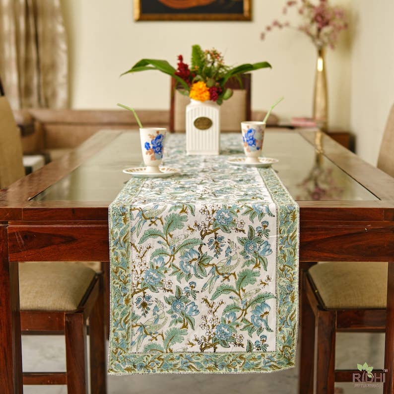 Fabricrush – wholesale Table runner – Sage and Russian Green Indian Hand Block Print Table Runner0