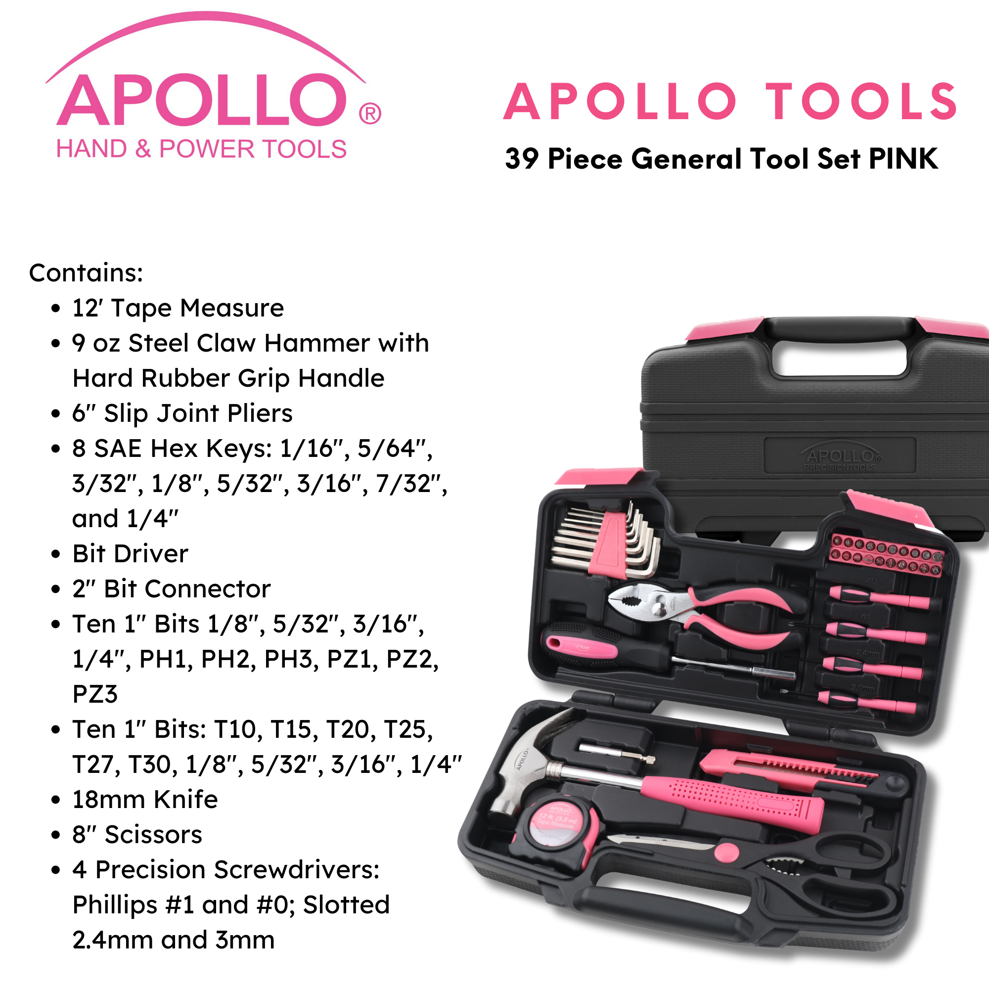 Apollo Tools - Wholesale Handy Tool - 39 Piece General Tool Set Pink1