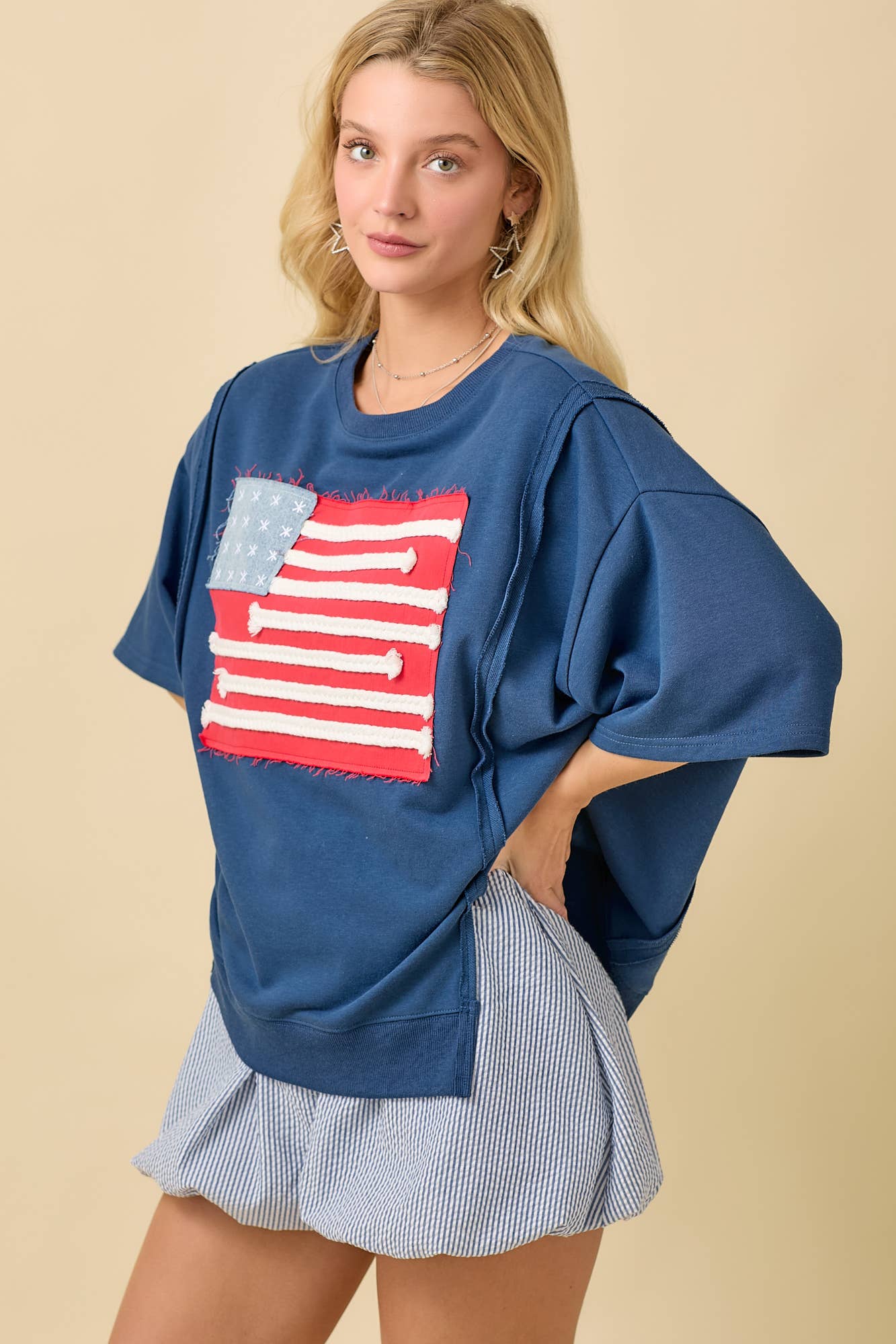 DARK BLUE Boxy Wide Short Sleeve Top With American Flag Patchwork for wholesale on Faire3