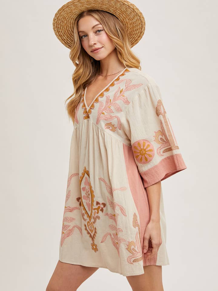 Bluivy - Wholesale Dress - Women's - BOHO EMBROIDERED BABYDOLL DRESS