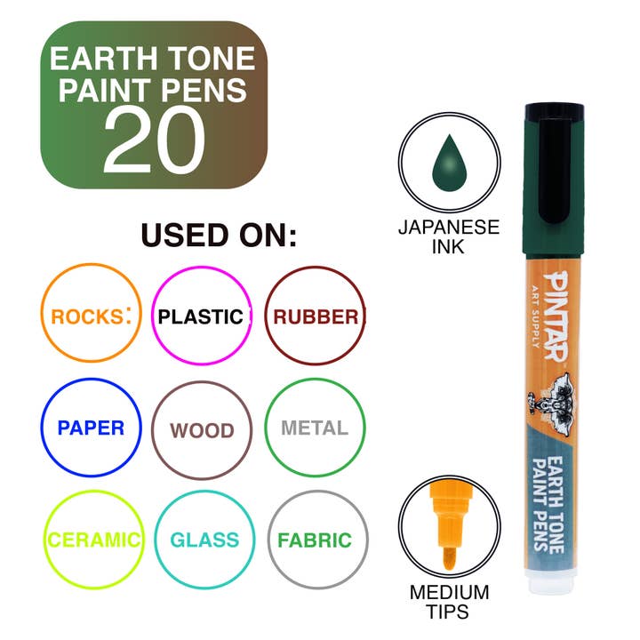 Pintar Art Supply - Wholesale Marker - Pintar Earth Tone Paint Pens 5.0MM 20 Pack Marker Set with Medium Tip | Paint on Rocks, Canvas, Glass, Ceramics, Plastic, Fabric, Porcelain | Quick-Dry Action Tip Markers, Water-Based Formula