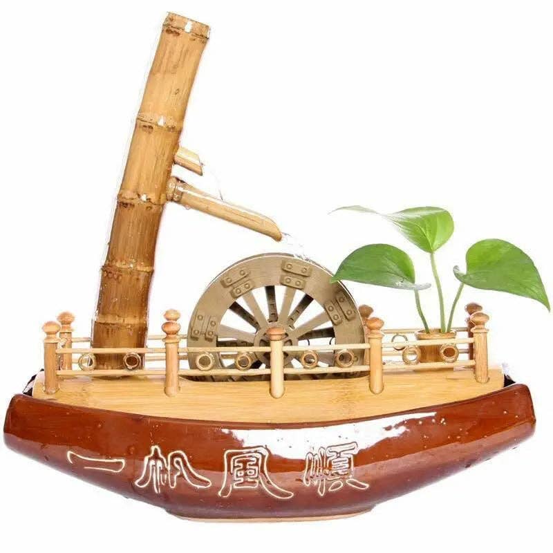 everythingbamboo – wholesale Decorative tabletop object – Bamboo Water Fountain Handmade Handcrafted Boat Water Feature Spinning Wheels0