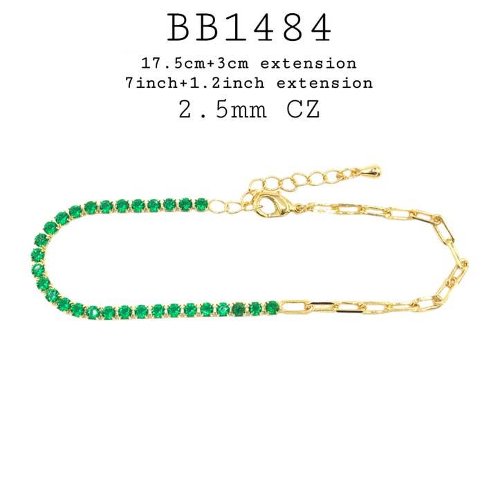 Grøn CZ Half Paper Clip Chain Link Tennisarmbånd Messing for engroshandel hos Nisso & Co. NYC Jewelry Wholesale