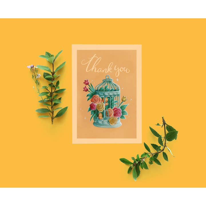 Carte de remerciement vintage cage à oiseaux florale pour la vente par Digitaldreamcloud