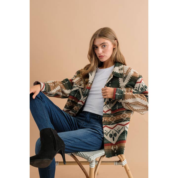 Sweet Generis - Wholesale Shirt Jacket/Shacket - Women's - TRIBAL AZTEC PATTERN BUTTON DOWN SHIRT JACKET12