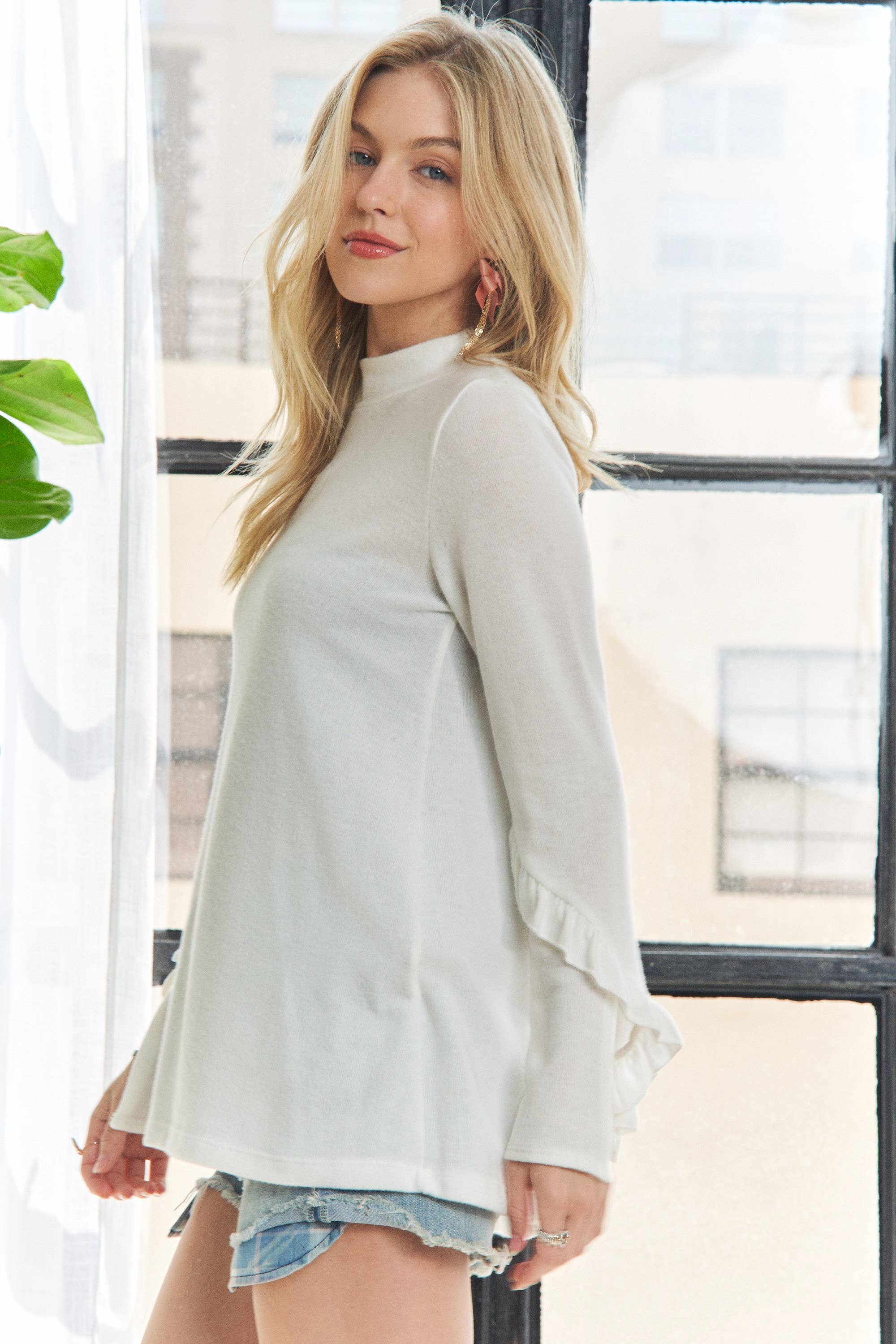 ADORA LA - Wholesale Tunic - Women's - MYT12499 -BRUSHED HACCI MOCK NECK RUFFLE TOP9