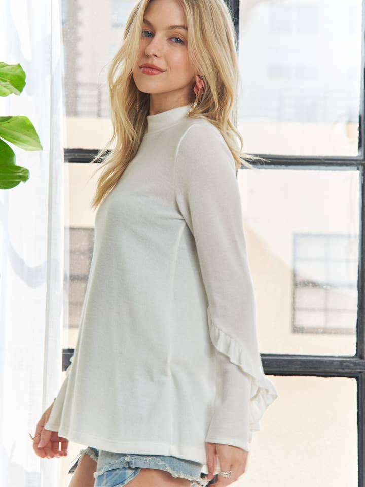 ADORA LA - Wholesale Tunic - Women's - MYT12499 -BRUSHED HACCI MOCK NECK RUFFLE TOP9