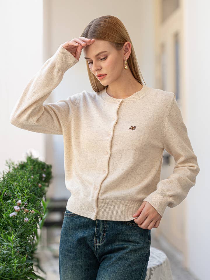 ROSIE POSIE - Wholesale Cardigan - Women's - 100% Wool Beige Cardigan with Squirrel Motif