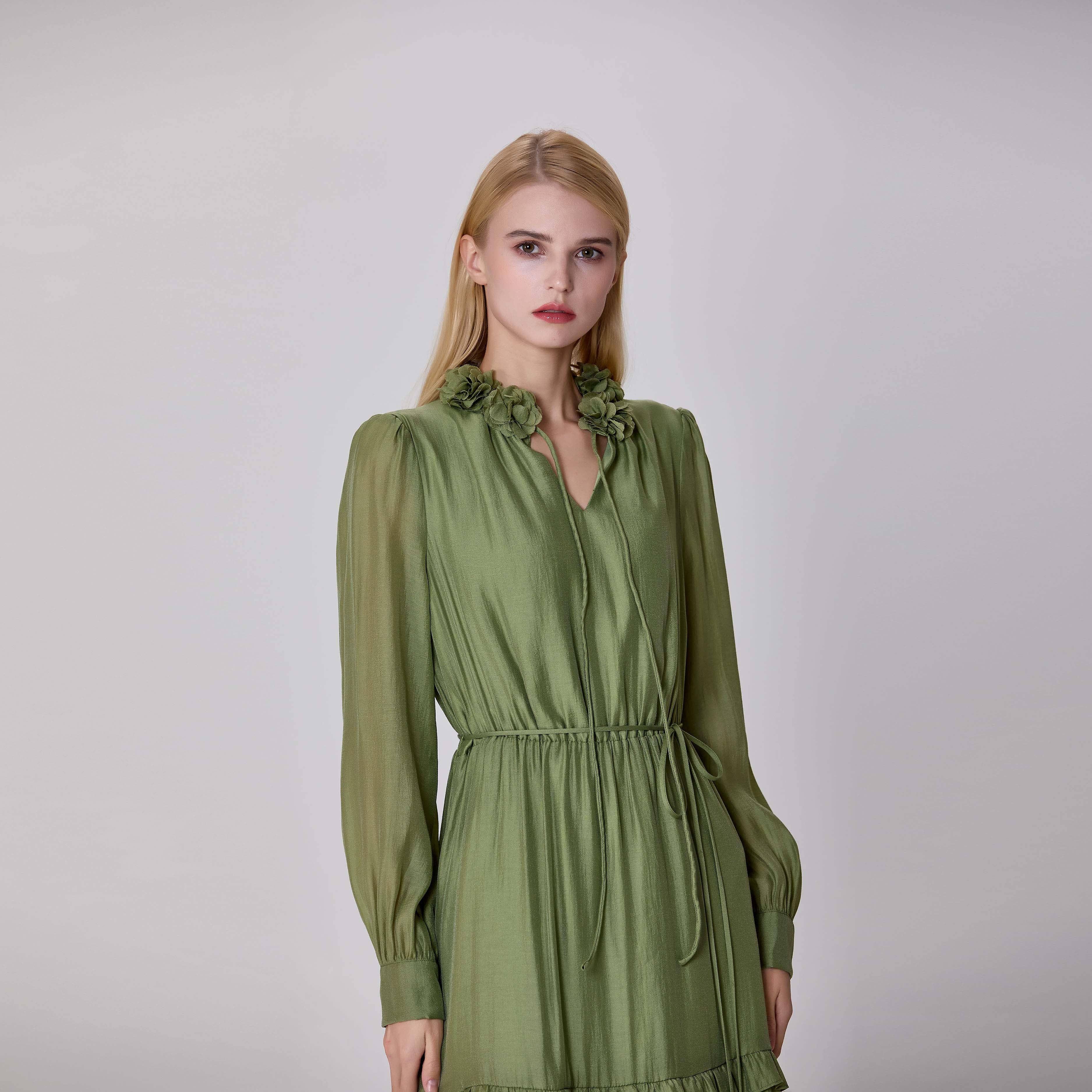 Green Ruffled shirt dress with layered inserts for wholesale on Faire3