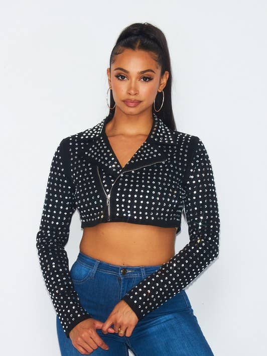 Veste de moto courte en strass HOEA718 pour la vente par House of E ATL LLC