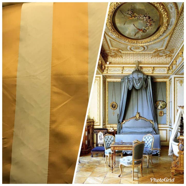 Tessuto per drappeggi in raso di design largo 60 «- 6» strisce oro e beige per la vendita all'ingrosso da parte di Fancy Styles Fabric