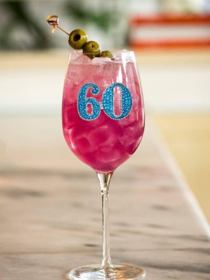 Bicchiere da vino con stelo ingioiellato per il 60° compleanno per la vendita all'ingrosso da parte di The Queens' Jewels®