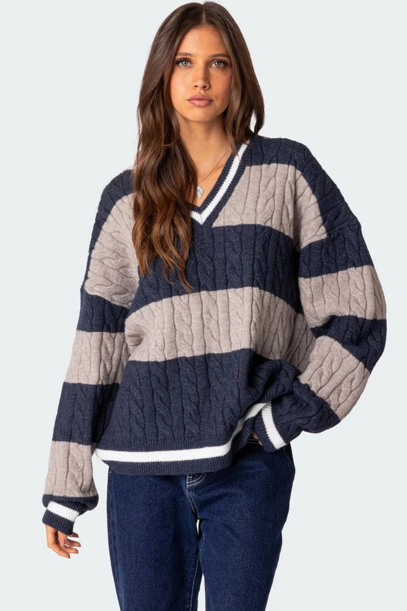 NINEXIS - Wholesale Knit Sweater - Women's - CWOSWL08090_V NECK STRIPED COLORBLOCK KNIT SWEATER11