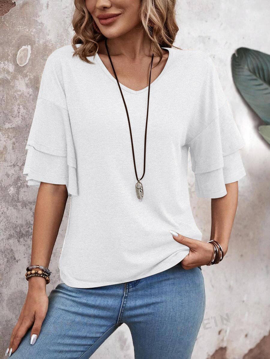 Suhkasana - Wholesale Blouse - Women's - Women's V-Neck Flutter Sleeve Top – Casual Summer T-Shirt7