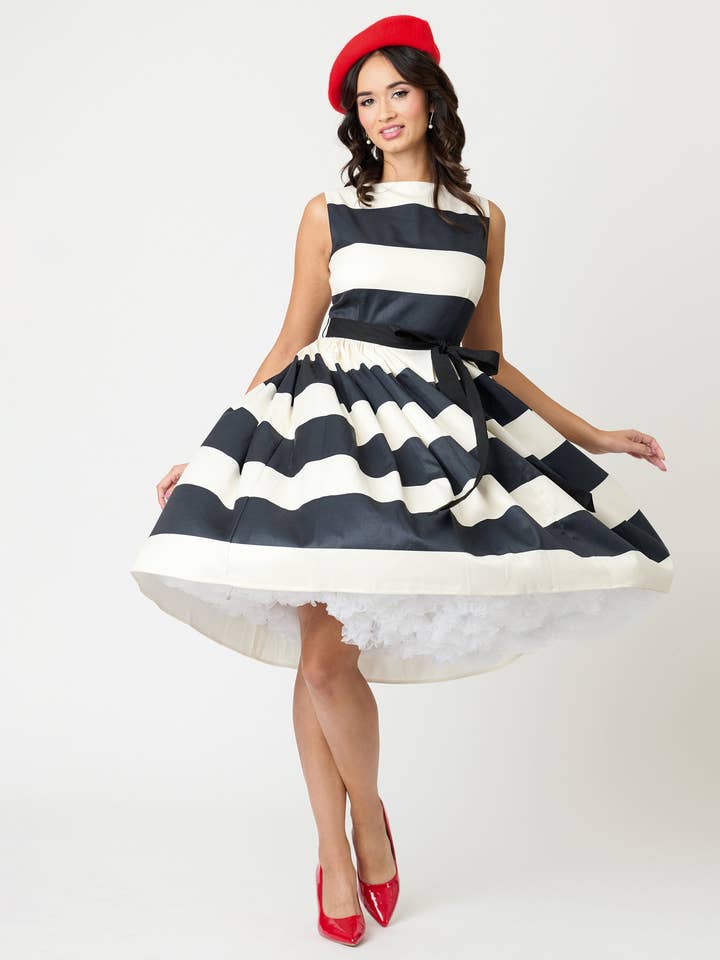 Unique Vintage Black & Ivory Stripe Swing Dress for wholesale by Unique Vintage