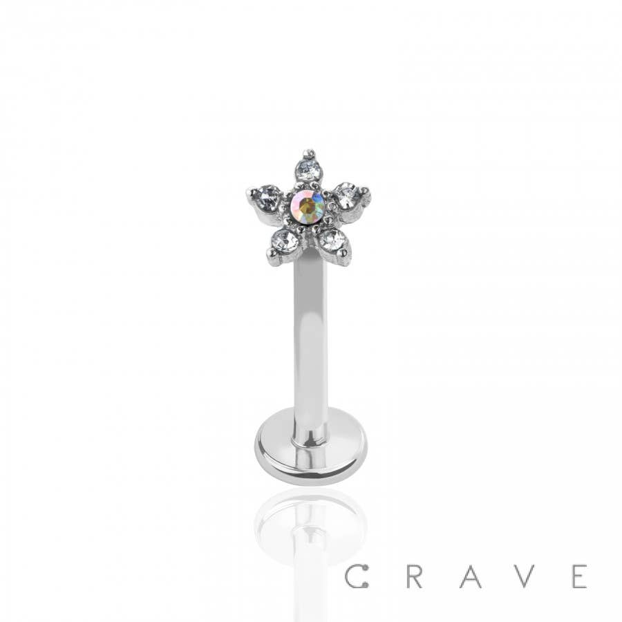 CRAVE - Wholesale Single Earring - INTERNALLY THREADED 5 PETALS CZ FLOWER TOP 316L SS LABRET0