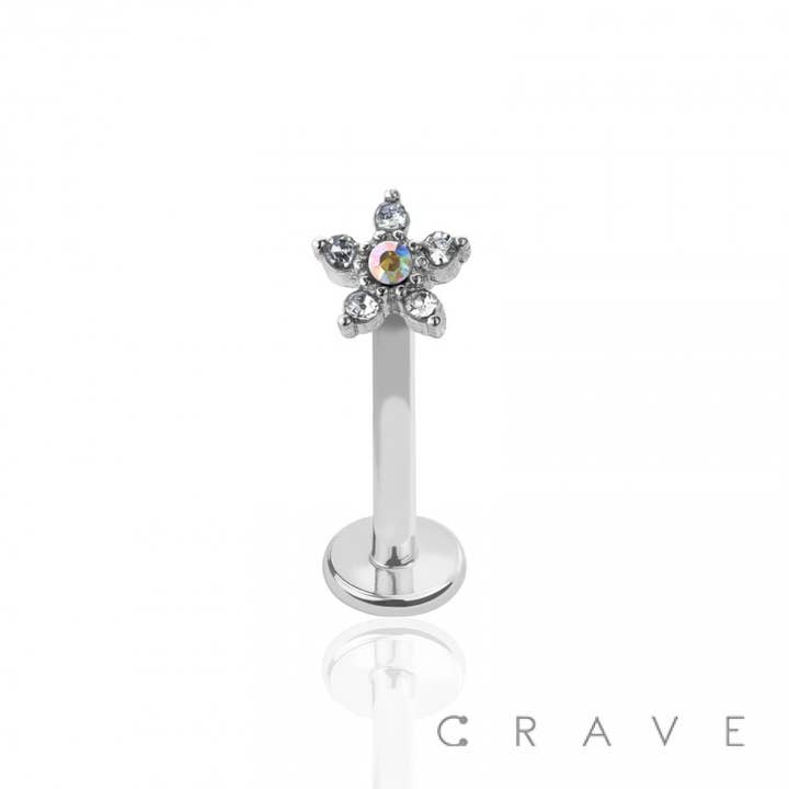 CRAVE - Wholesale Single Earring - INTERNALLY THREADED 5 PETALS CZ FLOWER TOP 316L SS LABRET