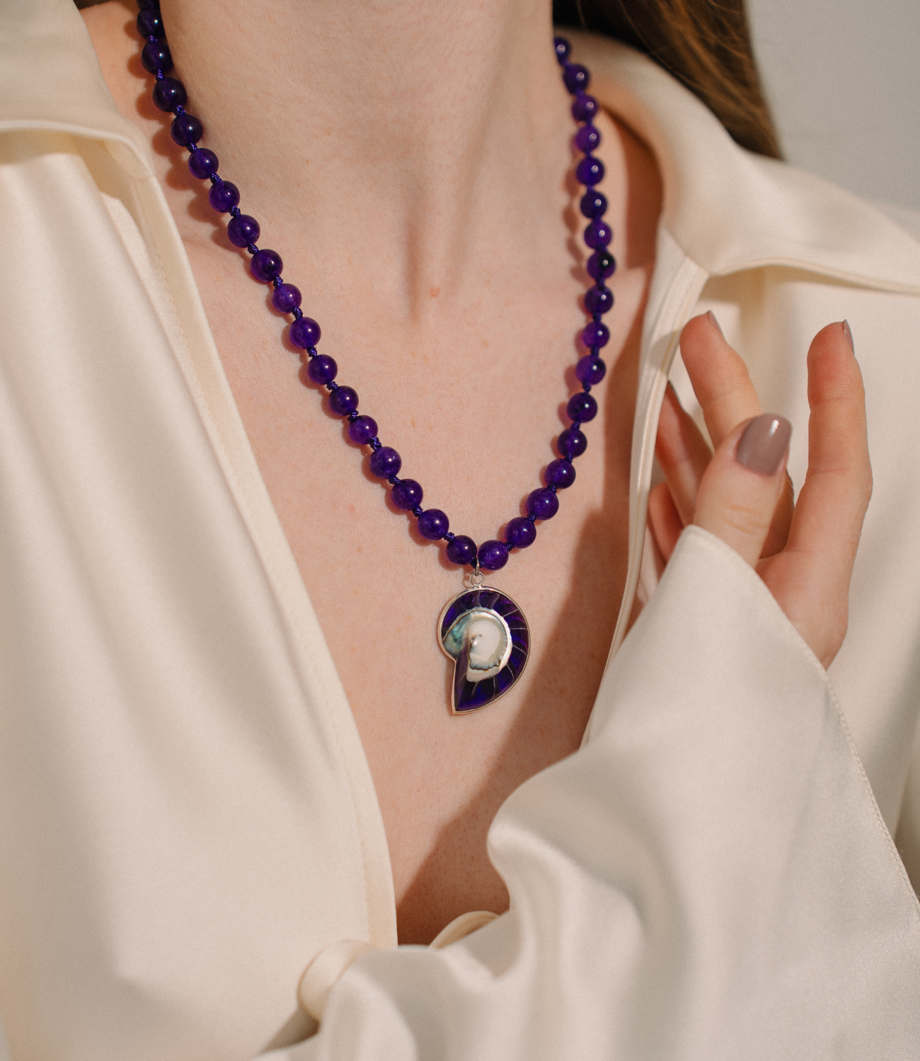 PHOEBE´S - Wholesale Pendant/Charm Necklace - Collar de Ágata Púrpura y Ammonite en Plata de Ley1