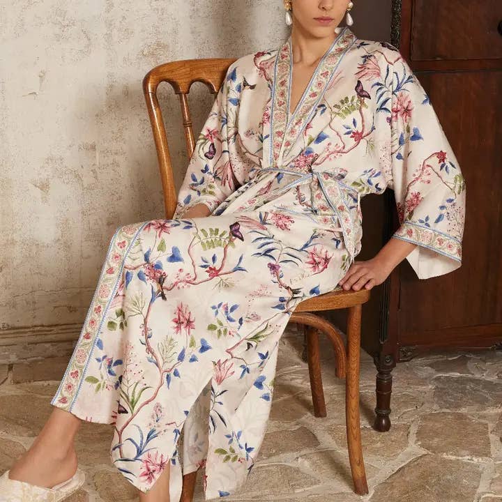 safistyle – wholesale Robe – Women's – Beige Chinoiserie Floral Kimono Robe - Spa Wrap for Bridal6
