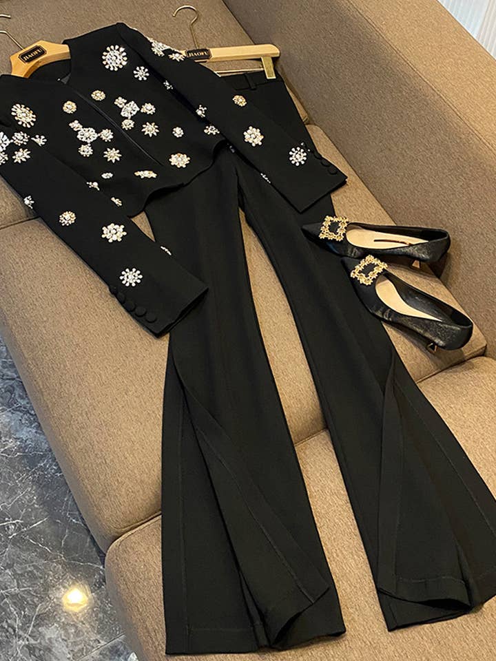 “Beaded O-Neck Blazer & Flared Slit Pants Set Elegant Women for wholesale by Fiona Secret Closet