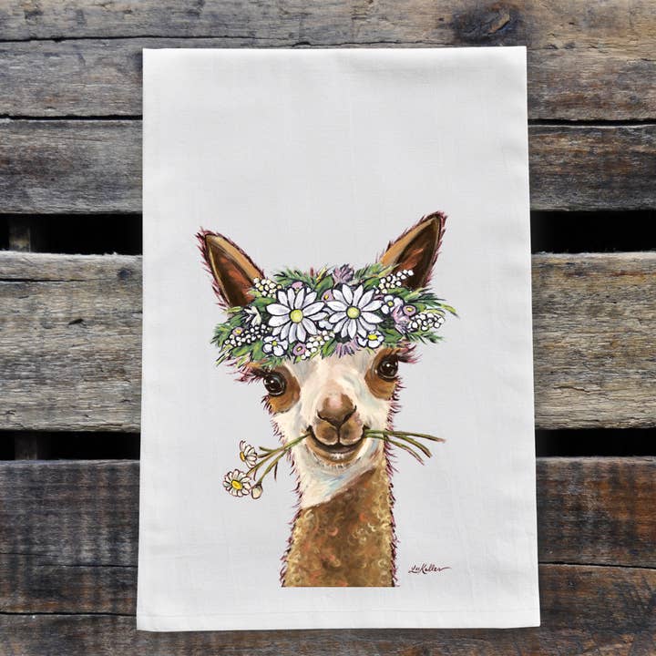 Alpaca Tea Towel, Alpaca with Daisies Flour Sack Towel for wholesale by Hippie Hound Studios