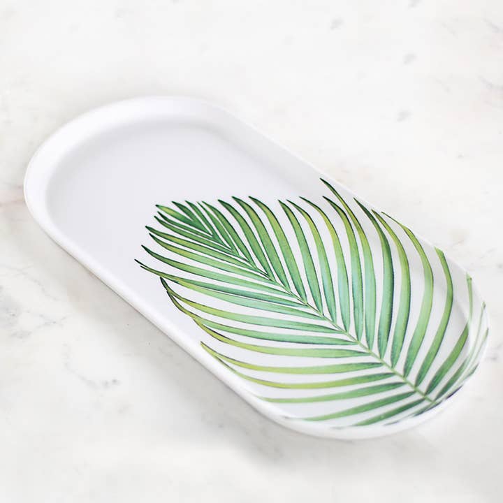 Tobago Palm Melamine Platter White/Green 17.5x8 for wholesale by The Royal Standard