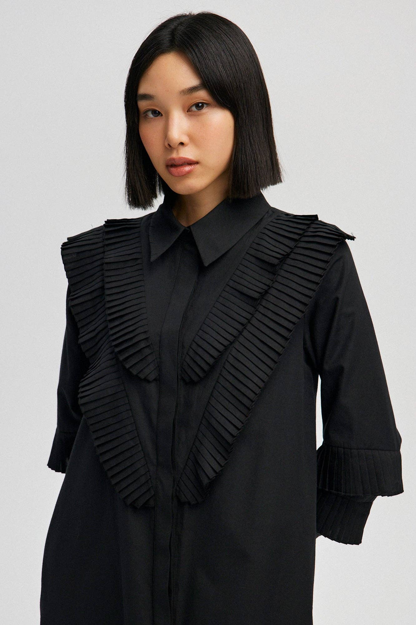 Black PLEAT DETAILED SHIRT DRESS - COTTON BLEND for wholesale on Faire1