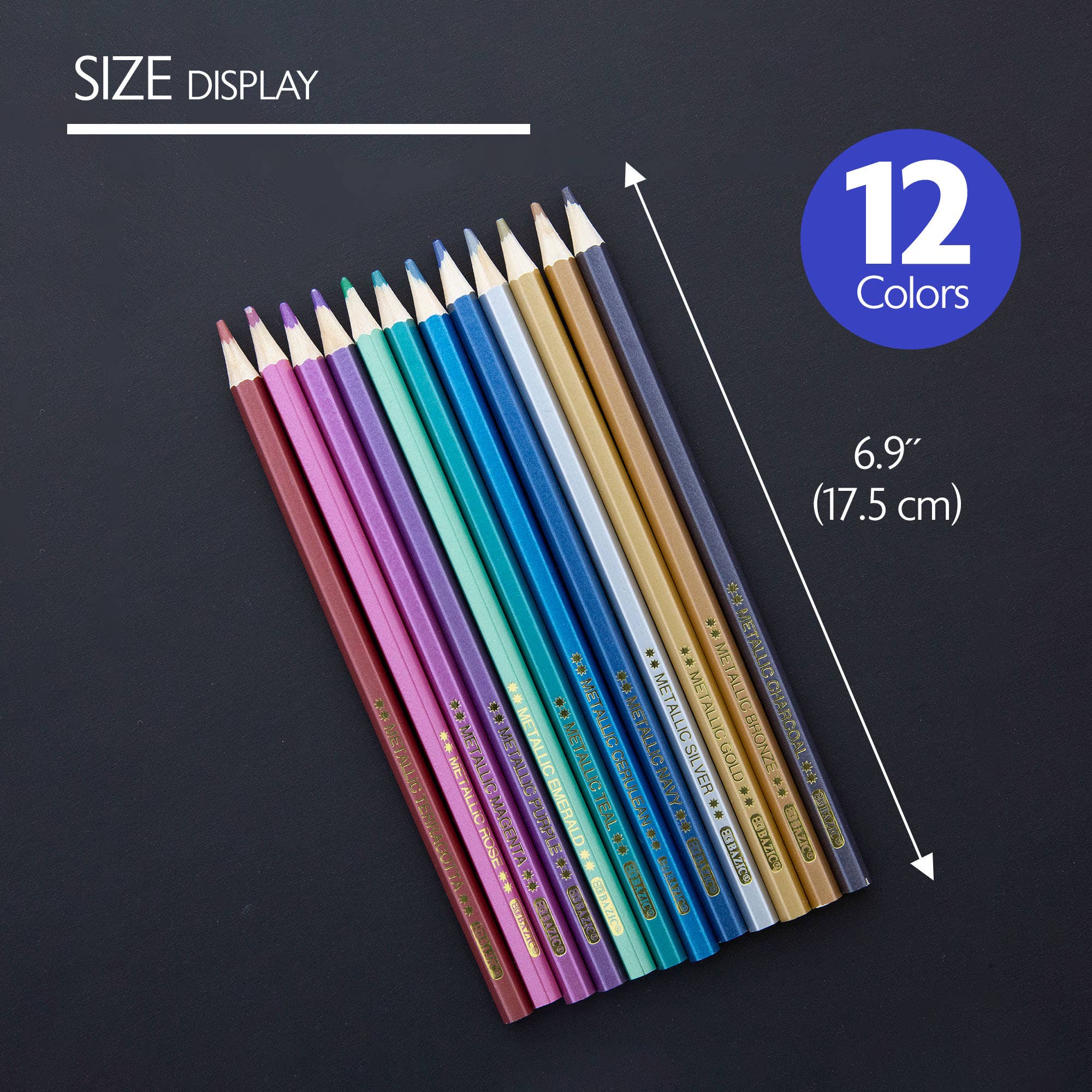 BAZIC Products - Vente Crayons de couleur - 12 crayons de couleur métallisés1