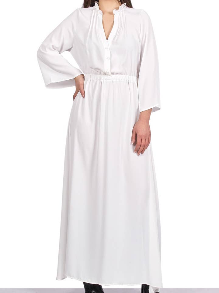 Lang V-hals kjole med flæse - Hvid - Magnolia 271 for engroshandel hos FEDERICA ERRE