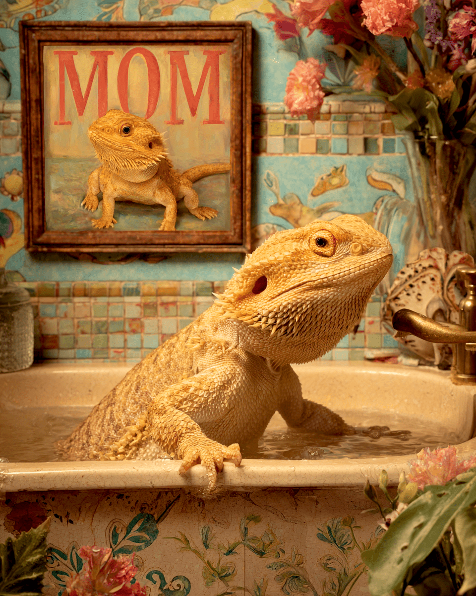Mowbi - Wholesale Art Print - Bearded Dragon Lizard in a Bathtub Bathroom Art Print - 8"x10" Artwork for 11"x14" Frame0