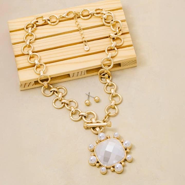 Chain Link Faceted Square Stone Pendant Necklace Set for wholesale by The Looks by Fame Accessories