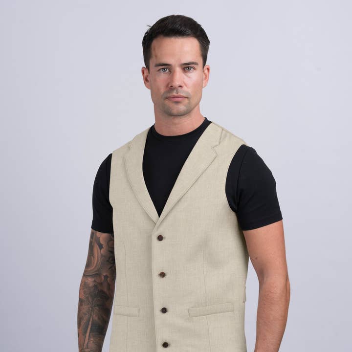 Mens Natural Linen Waistcoat & Vest With Revere for wholesale by Celtic Tweed