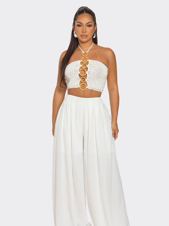 HCCTPW63350P2&2Pc Halter Neck Top Printed Wide Leg Pants for wholesale by BANJUL