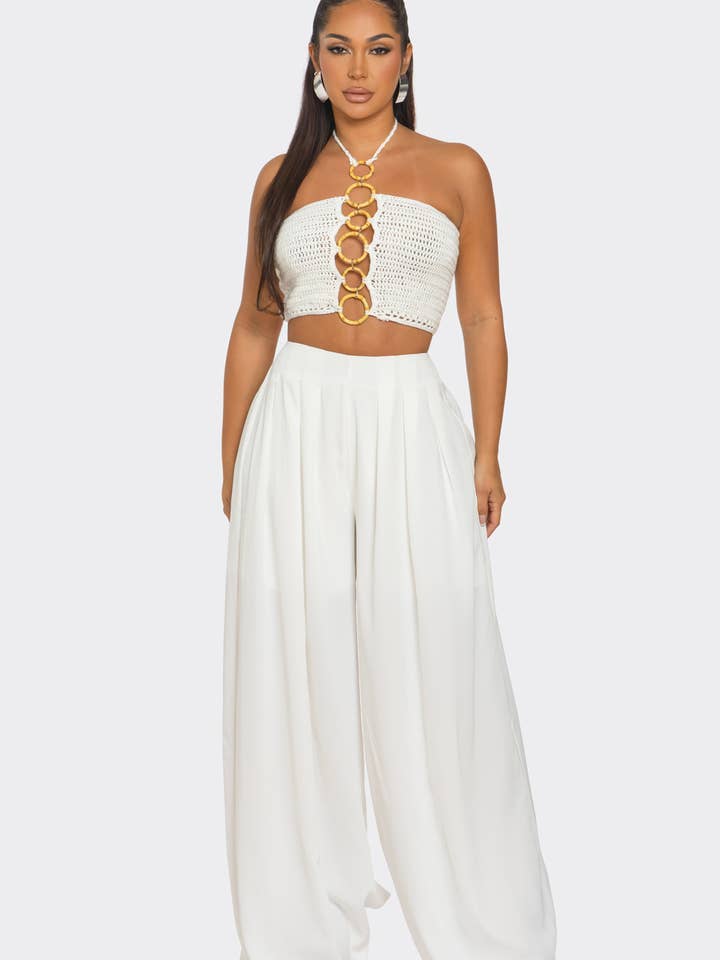 HCCTPW63350P2&2Pc Top de Pescoço Halter Estampado Calças de Perna Larga por atacado de BANJUL