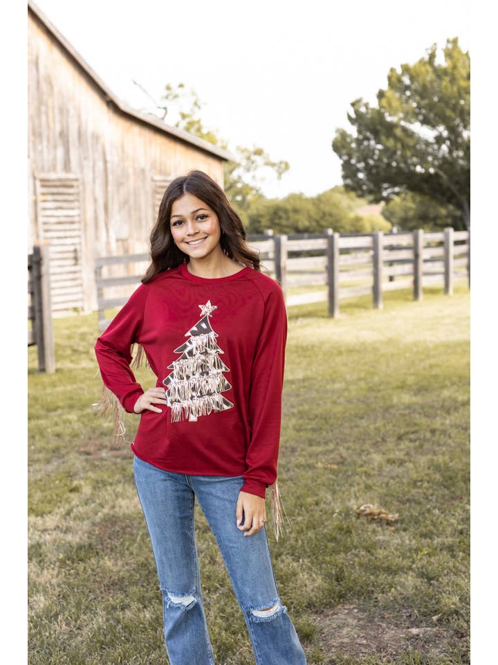 Red Top With Cowhide Tree and Sequin Fringe for wholesale on Faire6