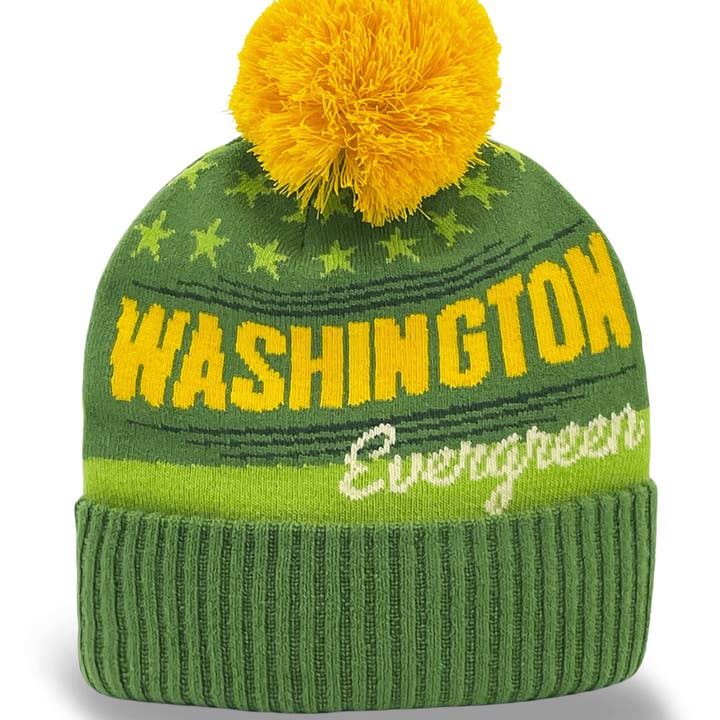 Washington Evergreen Knit Beanie Hat with Stars Pattern Winter Pom Pom Warm Cap for wholesale by Northern Icons Creations INC