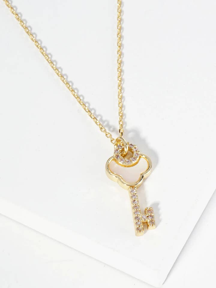 18K Gold Dipped Cz Mother Of Pearl Key Pendant Necklace for wholesale by Wild Honey