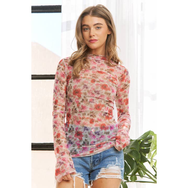 Sweet Generis - Wholesale Knit Top - Women's - CUTE FLORAL PRINT MESH HIGH NECK DESIGN LONG SLEEVE FITTED T21