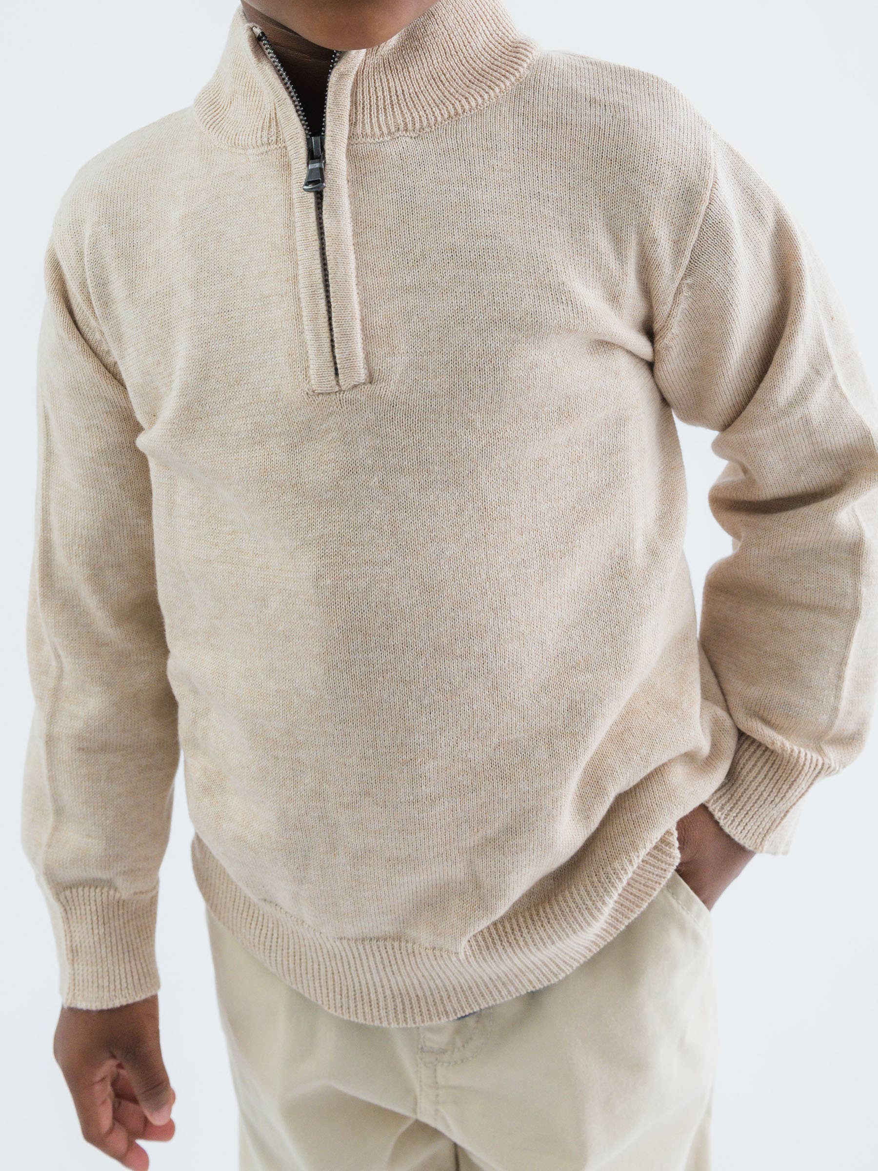 Off White Boys Heather Oatmeal Quarter-Zip Sweater for wholesale on Faire4