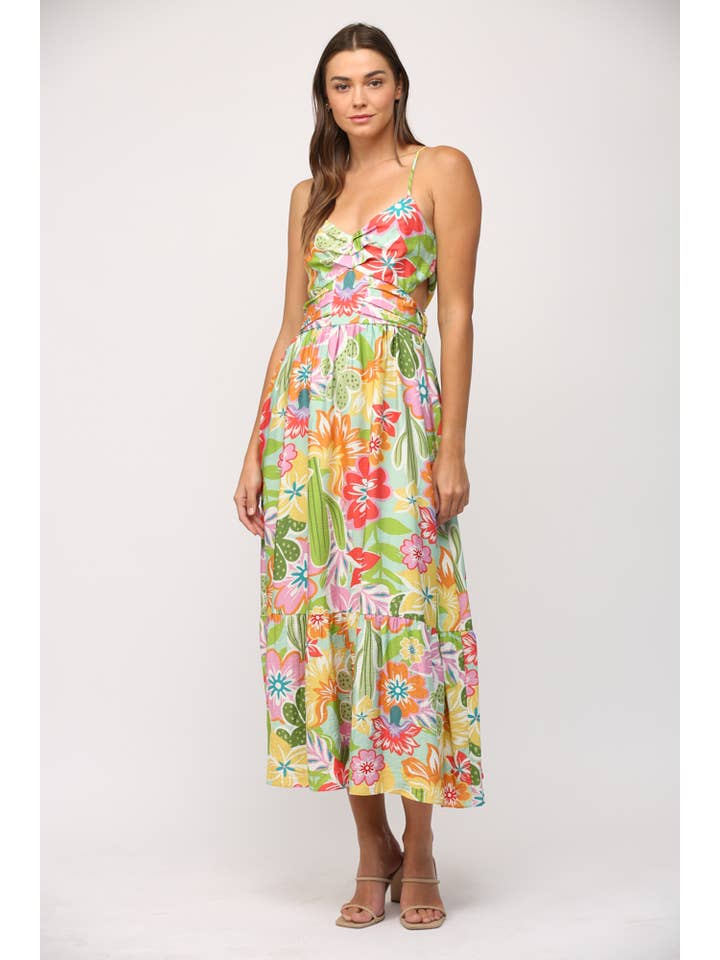 RED SAGE MULTI DESERT PRINT RAYON RUCHED DETAIL CUT-OUT MIDI DRESS FD35143 for wholesale on Faire