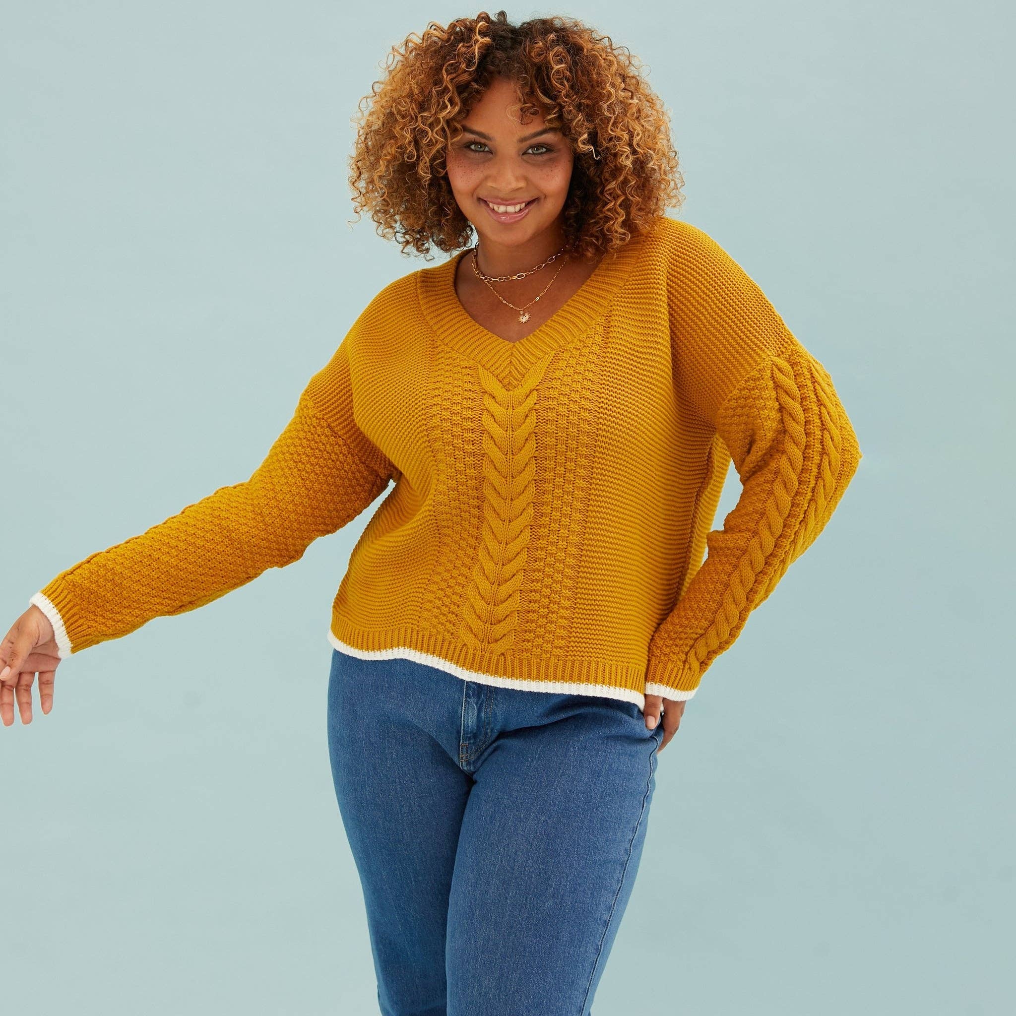 Emma V Neck Cable Jumper - Mustard for wholesale on Faire3