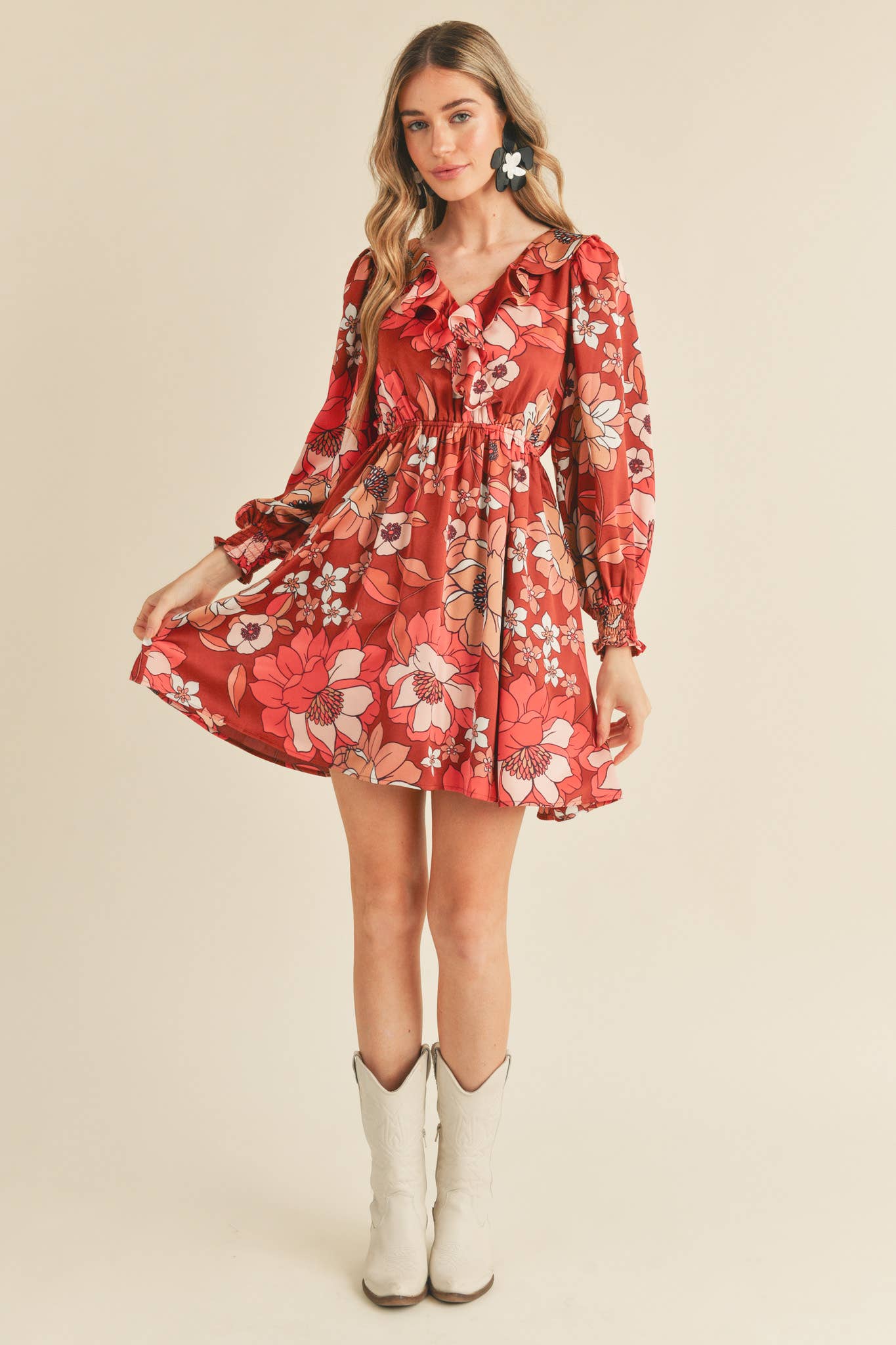 BRICK MULTI FLORAL EXCLUSIVE PRINT RUFFLE TRIM MINI DRESS MDR2675 for wholesale on Faire5