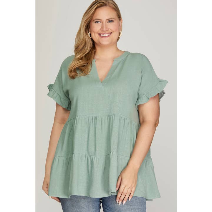 PLUS SIZE SPLIT NECK TIERED BABYDOLL TUNIC TOP for wholesale by Curve Market