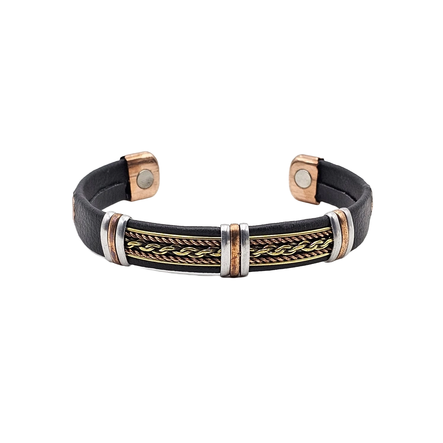 Treasure Jewelry – Engroshandel Manchetarmbånd – Armbåndsmanchet i massivt kobber med kunstlæder og magnetlukning0