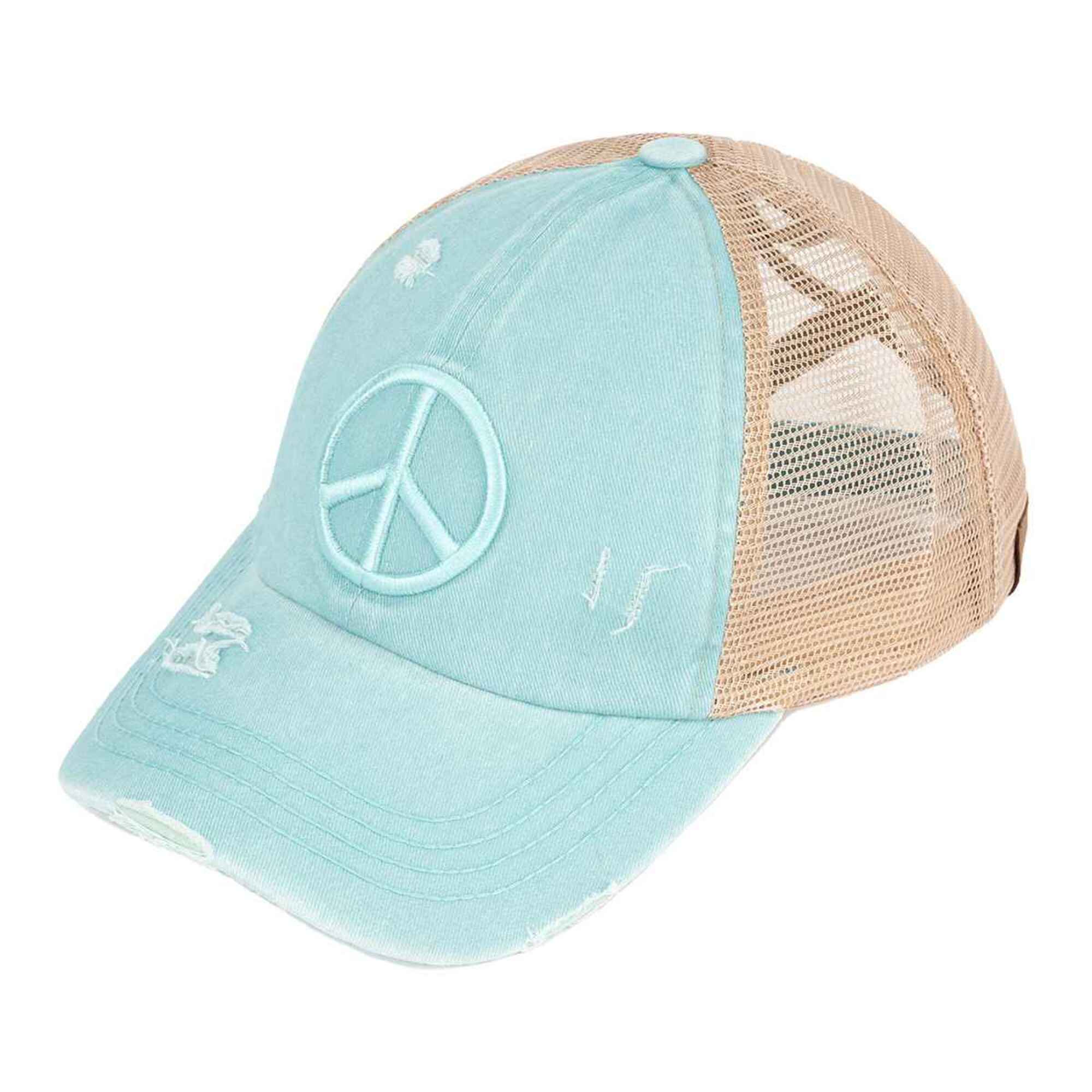 MiMi Wholesale - Wholesale Ponytail Cap - Women's - BT1017 Distressed Embroidered Peace Sign Cross Cross High Pony Baseball Cap5