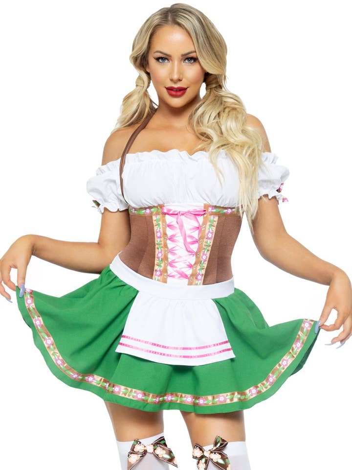 Brown Green Gretchen Oktoberfest Dirndl Costume for wholesale on Faire