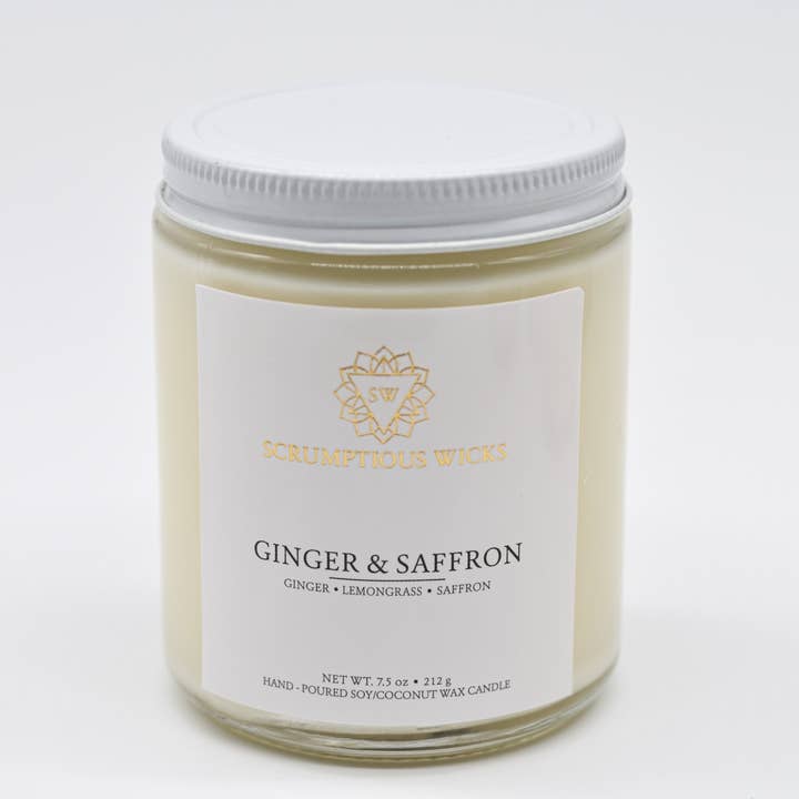 Ginger & Saffron 7.5oz soy/coconut wax glass jar candle for wholesale by Scrumptious Wicks