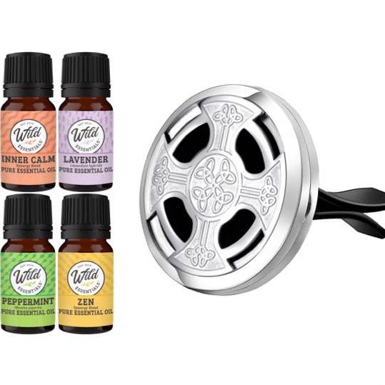 Difusor de ventilación de coche cromado Celtic Cross con 4 aceites esenciales para venta al por mayor de Wild Essentials